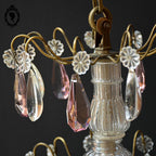 Chic lustre à pampilles bronze doré 6 feux enfilage verre ancien