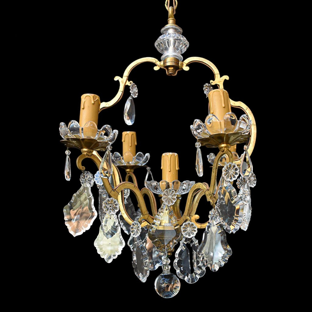 Chic lustre cage à pampilles en bronze doré 5 feux ancien vintage