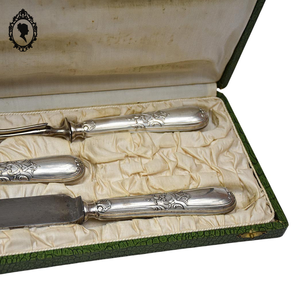 Coffret 3 couverts service complet à découper gigot métal argent décor Louis XV ancien XIX ième