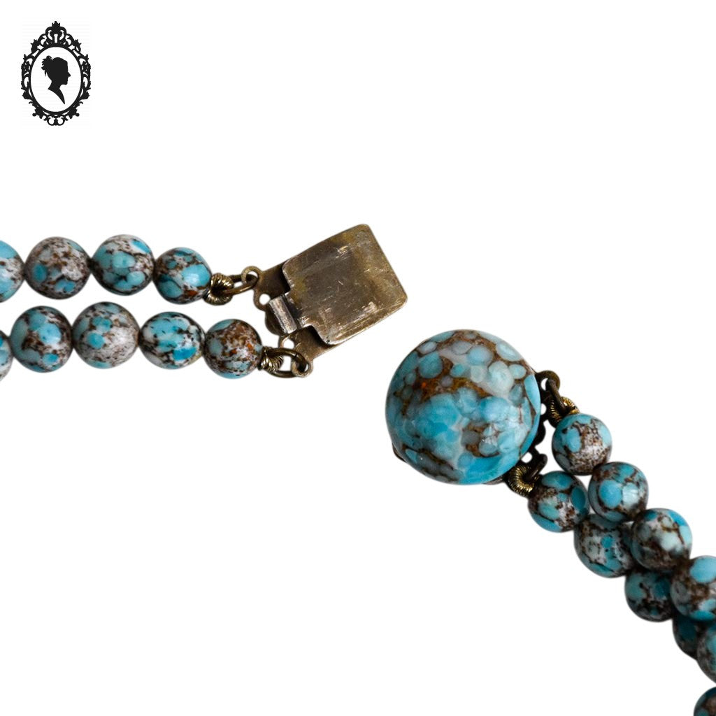 Collier ancien art déco 2 rangs de perles bleu porcelaine émaillée effet marbré