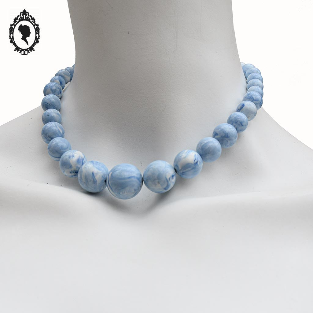 Collier bleu et blanc marbré perles rondes ras de cou en cascades vintage