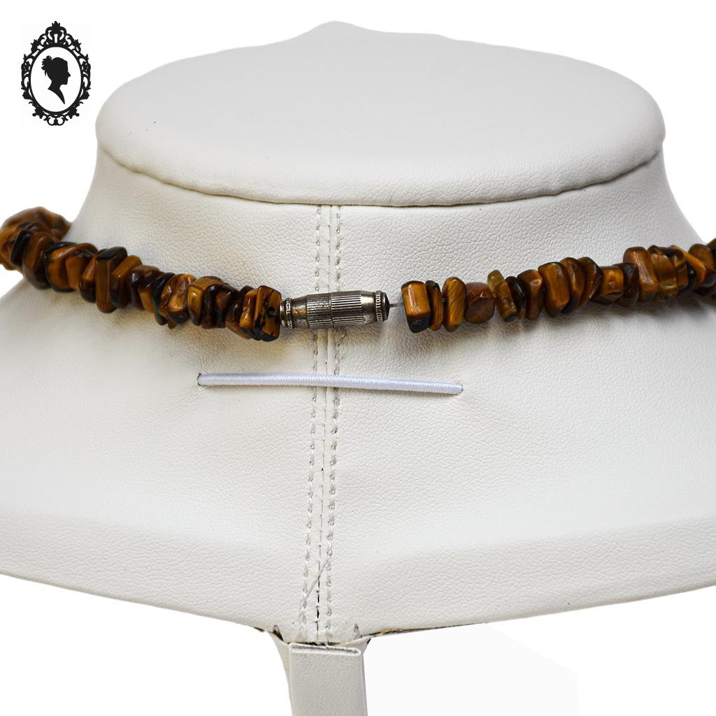 Collier marron en pierre protectrice œil de tigre chips vintage