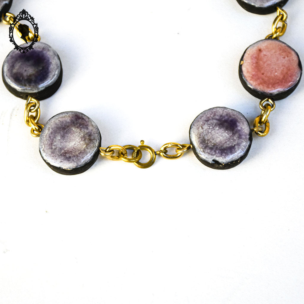 Collier sautoir perle plate porcelaine rose violette noir doré vintage