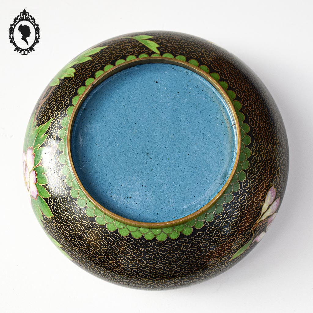 Coupe chinoise en email émaux cloisonnés noir laiton D 18 cm vintage