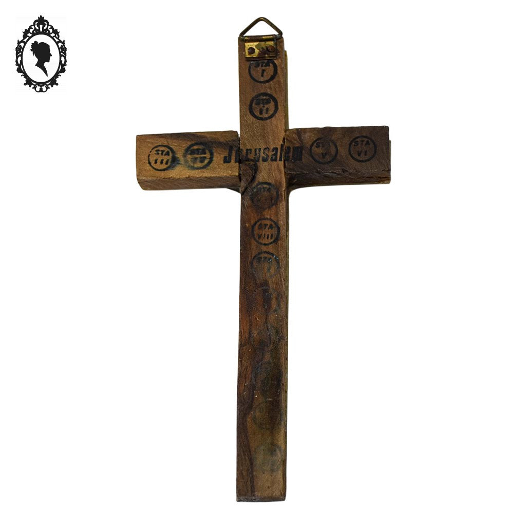 Croix christ crucifix mural en nacre sur bois Jérusalem vintage