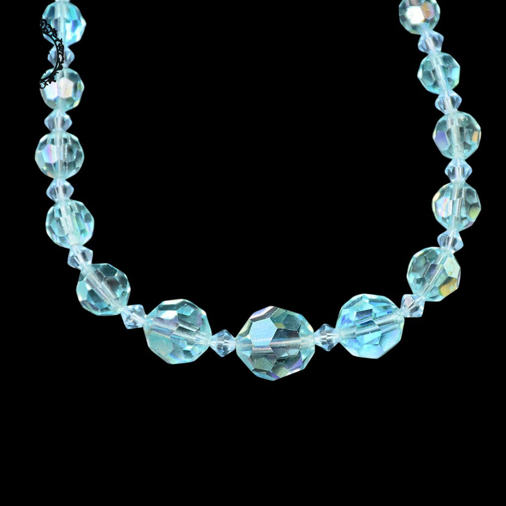 Élégant collier en cristal aurore boréale AB bleu en cascade bijou ancien vintage