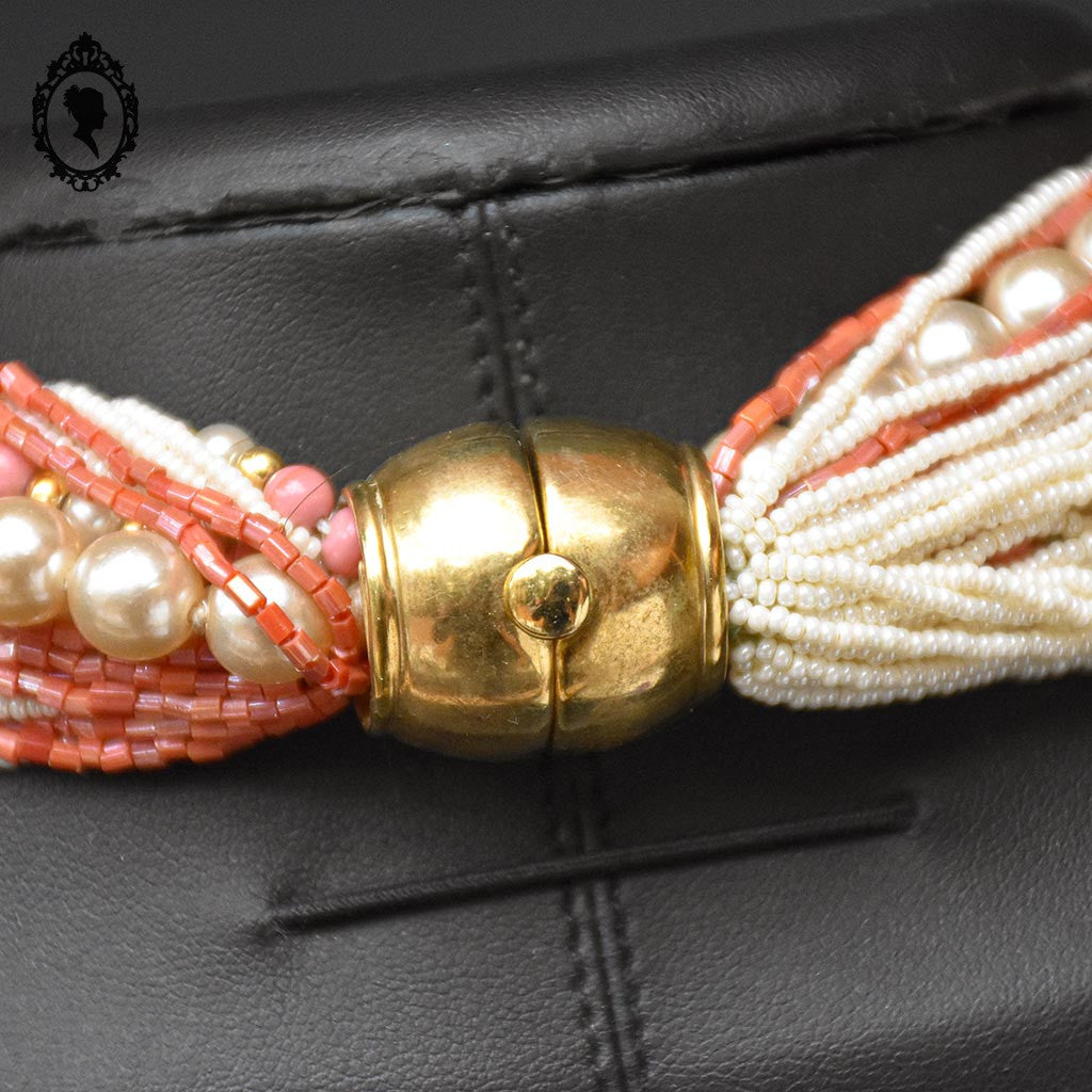 Élégant collier rose saumon beige multi rangs bijou fantaisie vintage