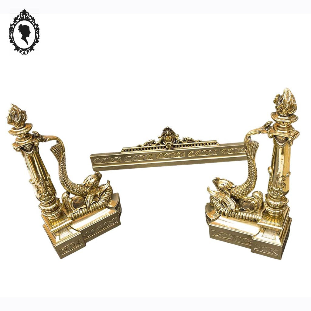 Élégant défenseur de cheminée chenets barre bronze doré chimère dauphin serpent de mer poisson ancien