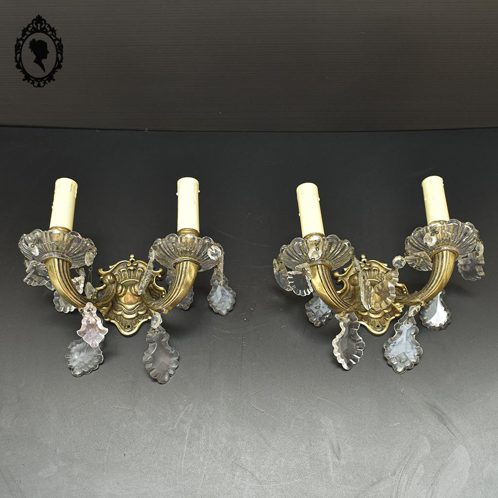 Elégante paire d’appliques en bronze doré pampilles baroque 2 lumières vintage