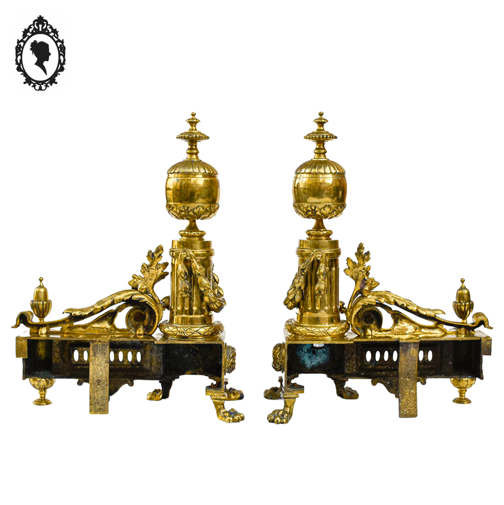 Élégante paire de chenets bronze doré pattes de lion accessoire de cheminée ancien Napoléon 3 XIX ème