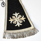 Étole pastorale prêtre Liturgique noir et beige soie broderie pompons fil doré argent ancienne