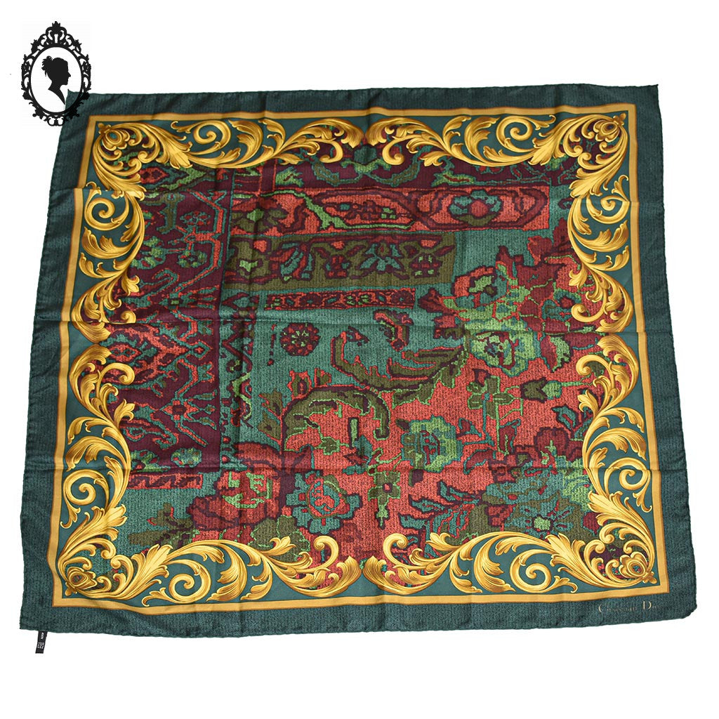 Foulard soie collection Christian Dior CD vert rouge jaune vintage