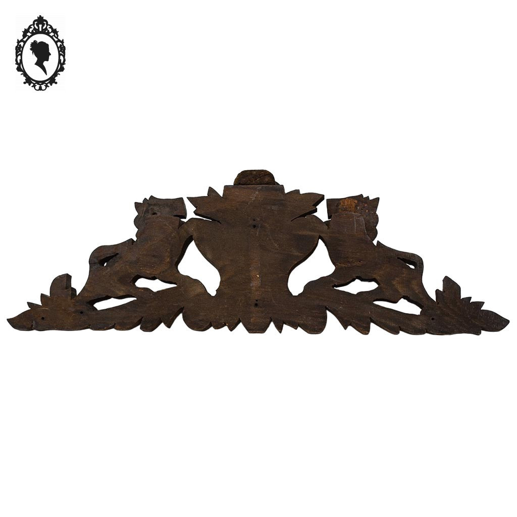 Fronton d’armoire, miroir ou meuble en bois sculpté Lion 58 x 20 cm ancien