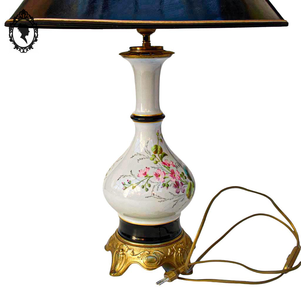 Grande lampe de table à poser porcelaine fleurie laiton ancienne