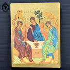 Icône sur bois scène religieuse dorée à la feuille La Sainte Trinité
