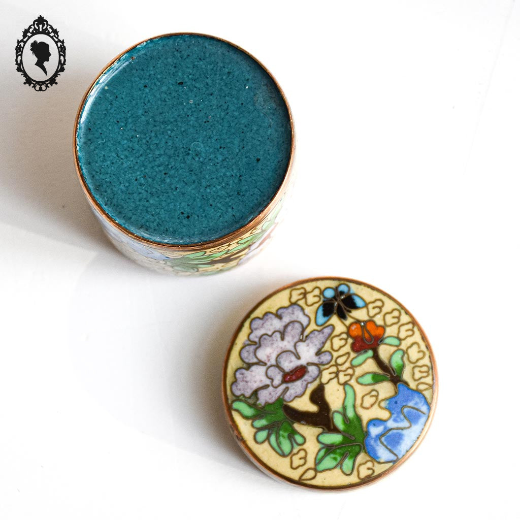 Jolie petite boite jaune vert ronde cylindrique en émail émaux cloisonnés vintage