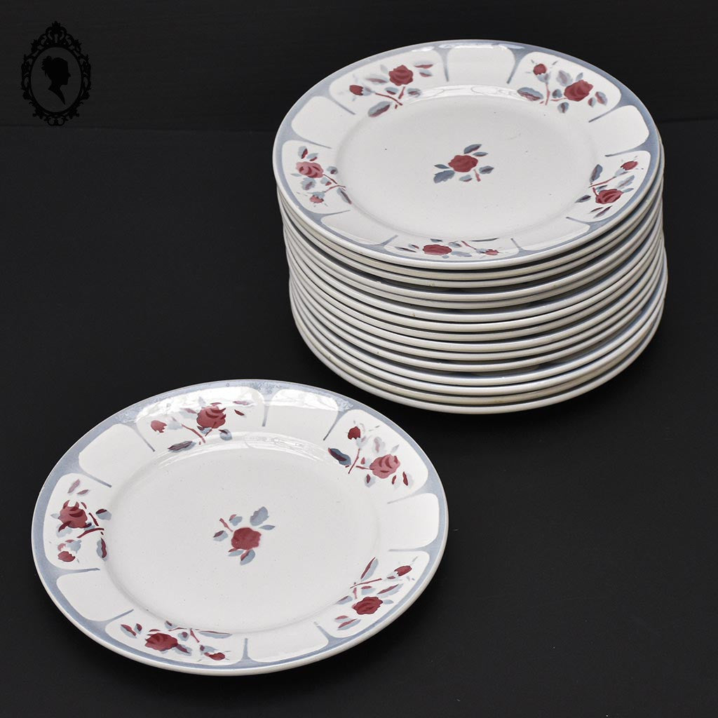 Lot 16 assiettes à dessert plates fleur rose bleue gris Moulin des loups vintage