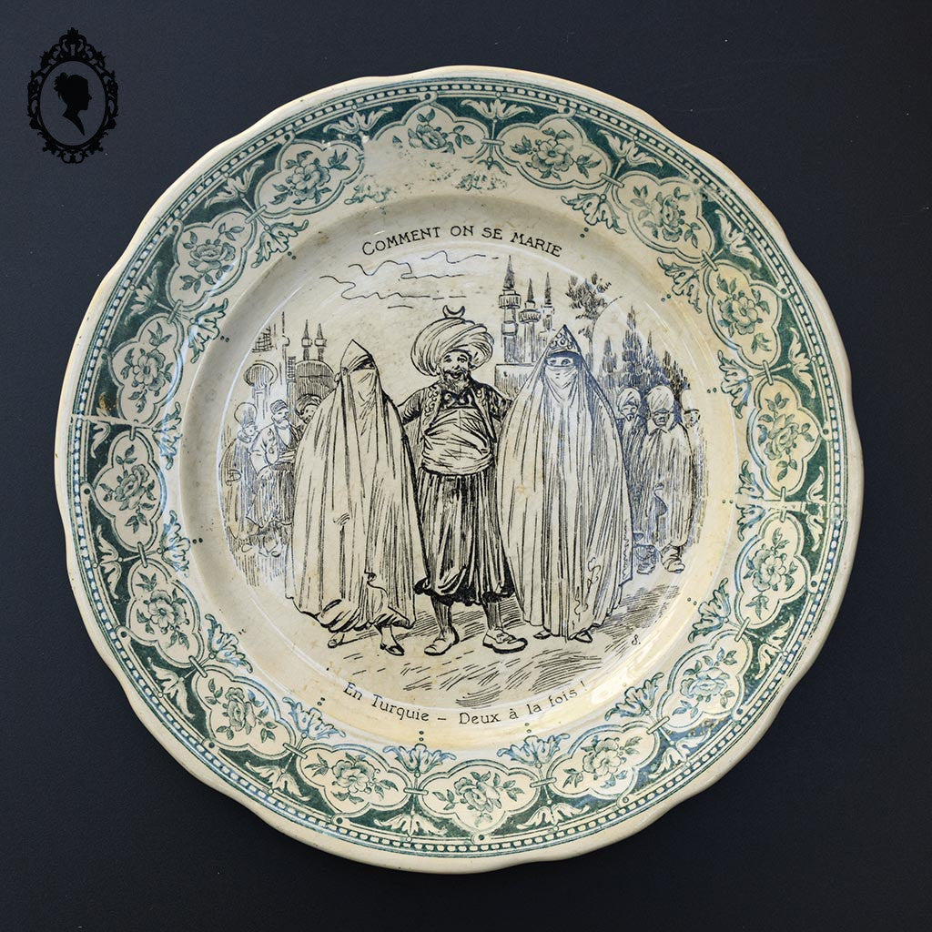 Lot 5 assiettes à dessert parlantes mariage beige et vert Digoin Sarreguemines anciennes