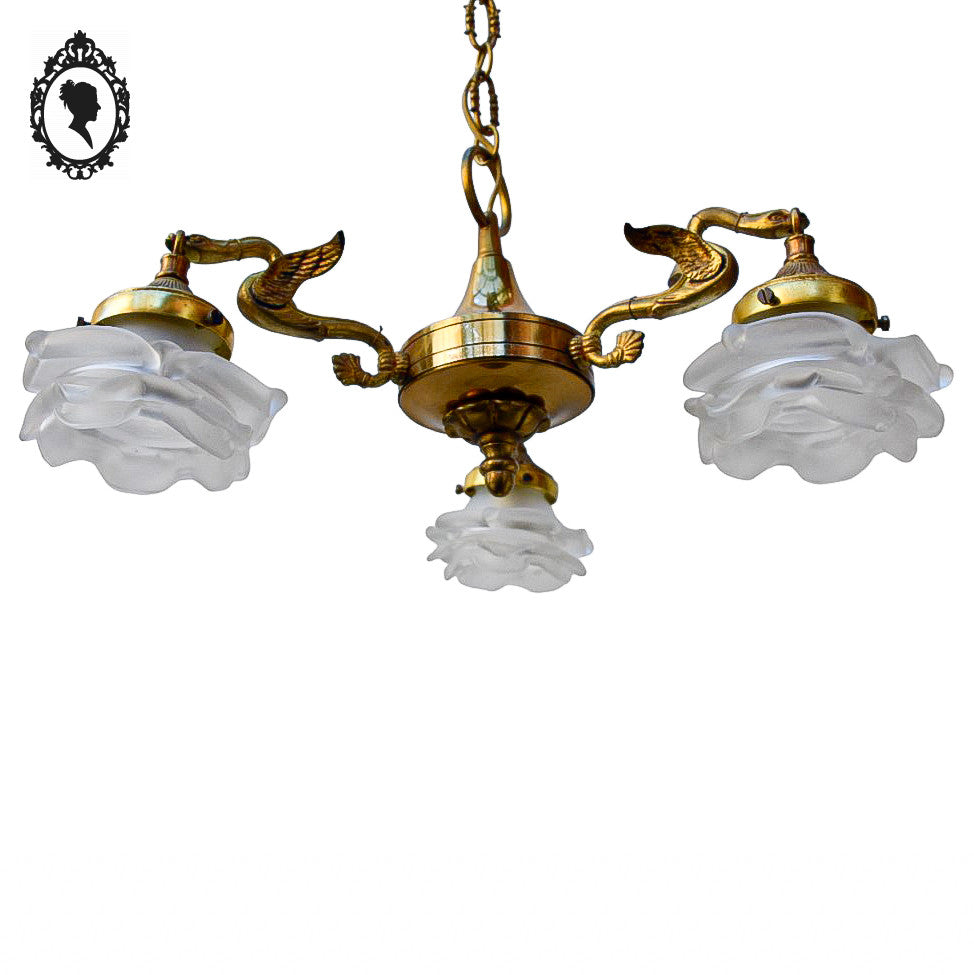 Lustre plafonnier bronze chimères 3 lumières 3 roses pâte de verre blanc doré ancien