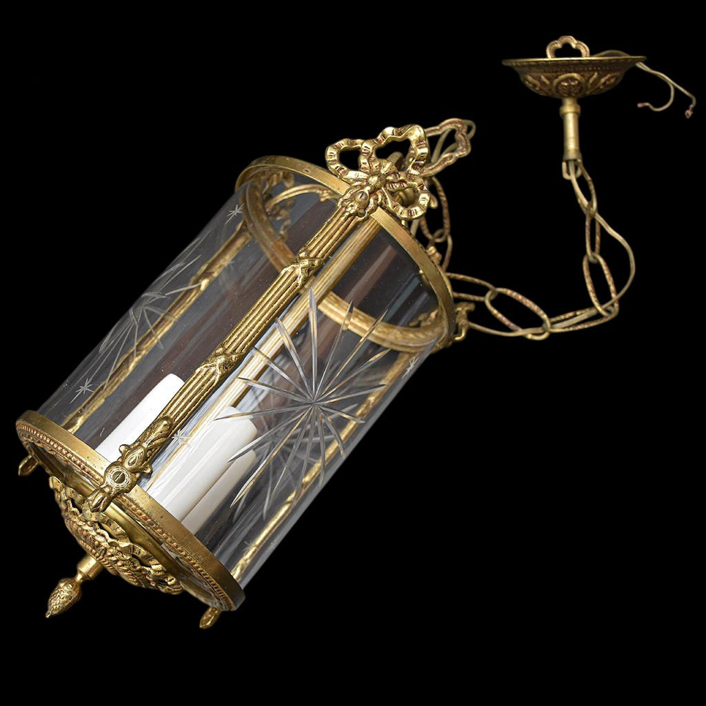 Lustre plafonnier lanterne cage 3 lumières verre bronze doré vintage