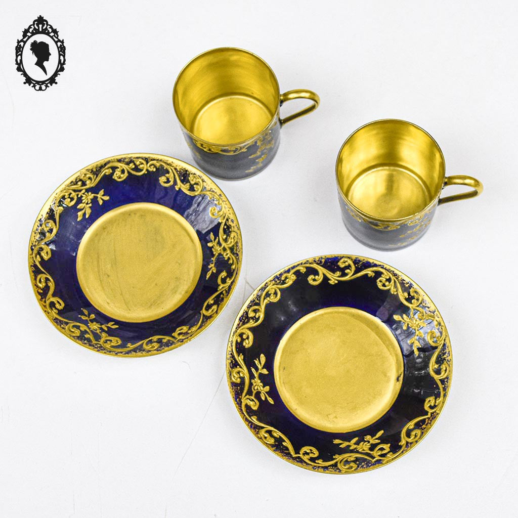 Magnifiques 2 Tasses et sous tasses porcelaine bleu cobalt Bac Limoges France