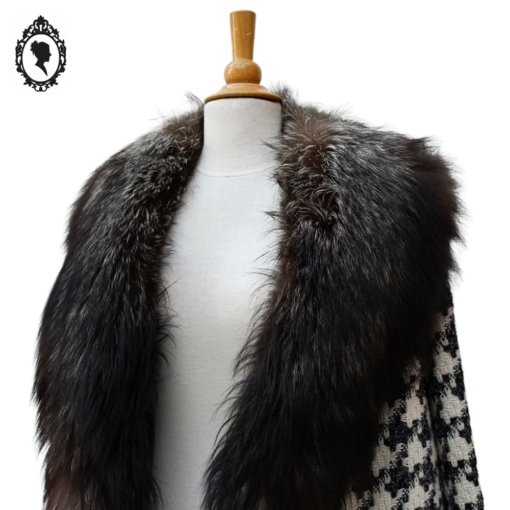 Manteau long femme laine pied-de-poule noir blanc col véritable fourrure T 52 54 vintage