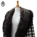 Manteau long femme laine pied-de-poule noir blanc col véritable fourrure T 52 54 vintage