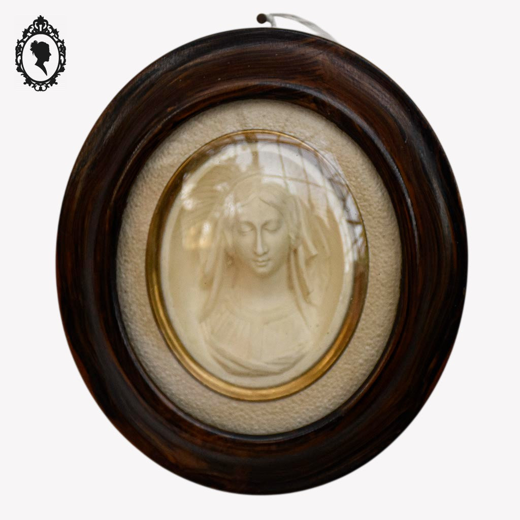Paire de cadres reliquaires verre bombé ovale bois Christ et Marie calcaire pétrifié ancien Napoléon 3