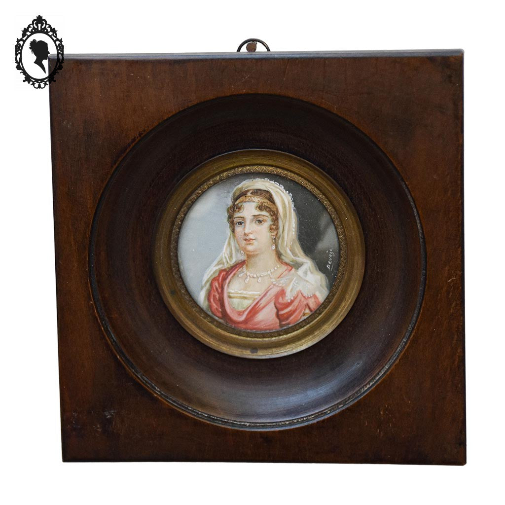 Petit cadre miniature portrait médaillon femme sur ivoire signé Deveze ancien