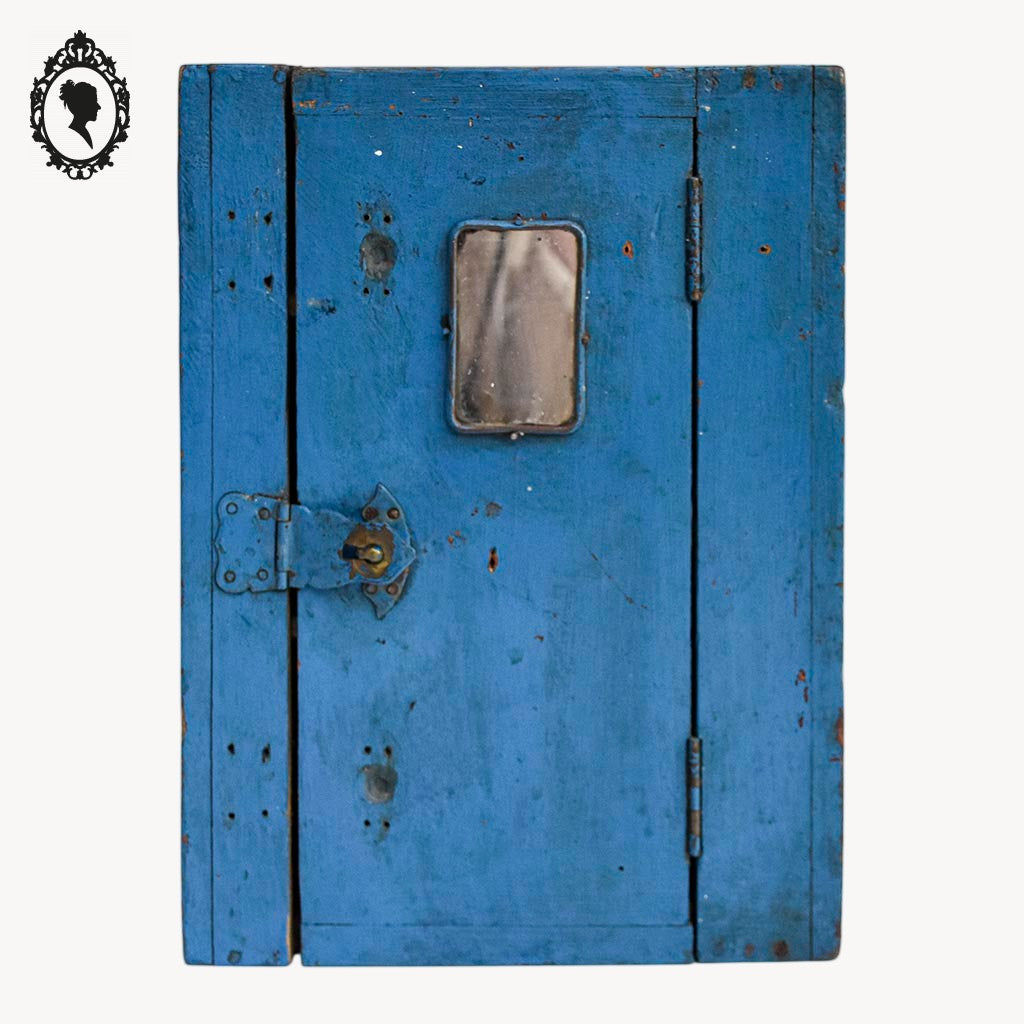 Petite armoire jouet dînette enfant bois peint en bleu vintage H 33 cm vintage