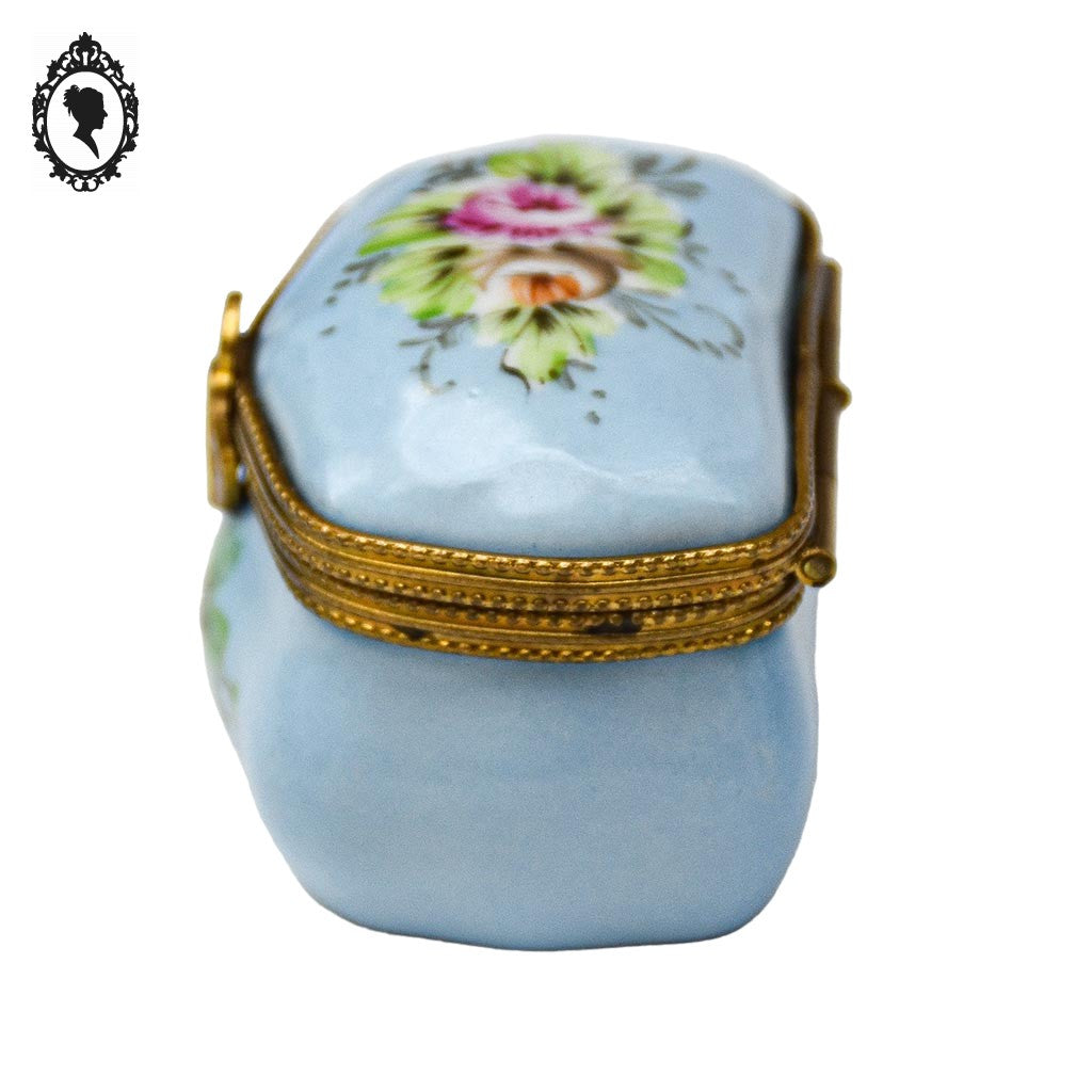 Pilulier boite romantique bleue fleurie dorée porcelaine vintage