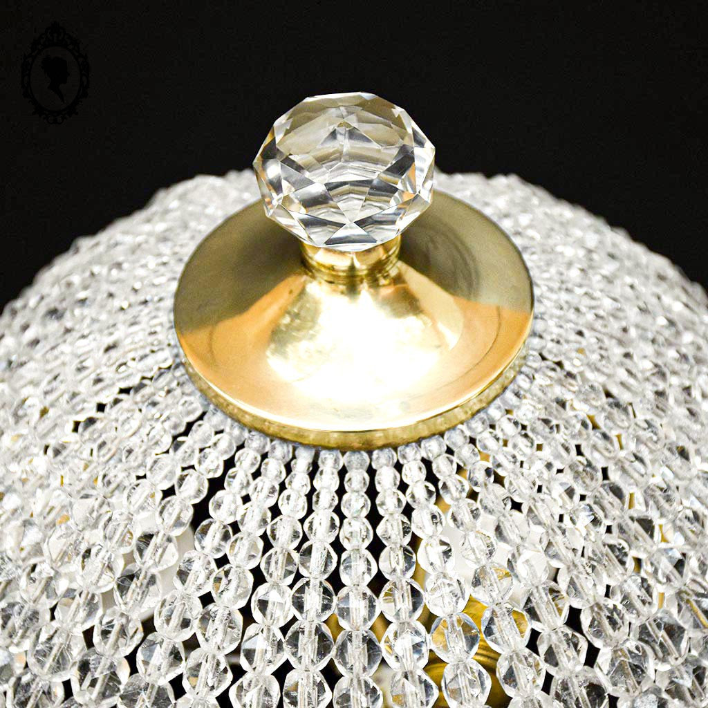 Plafonnier lustre art déco guirlandes de perles pointe diamant cristal laiton ancien