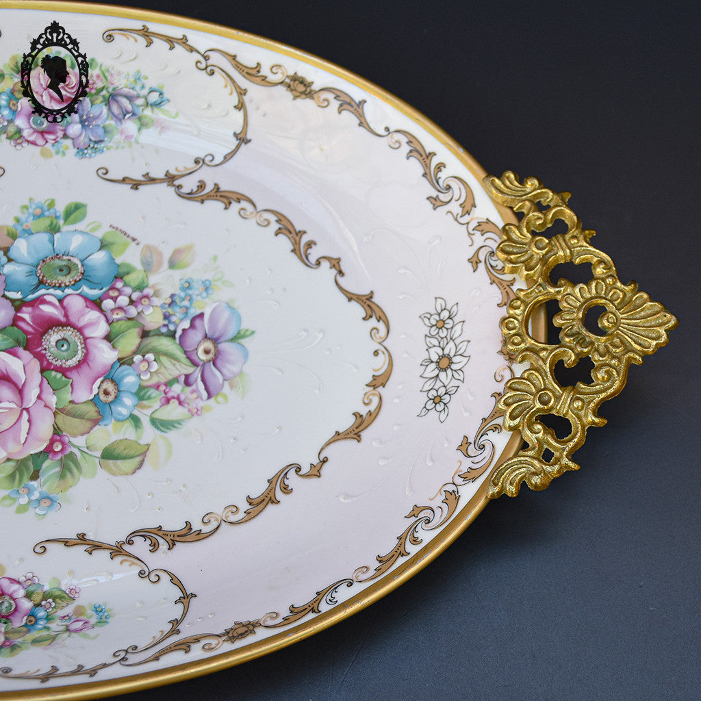 Romantique plat ovale fleuri porcelaine de Limoges rose poignées laiton Burroughs ancien