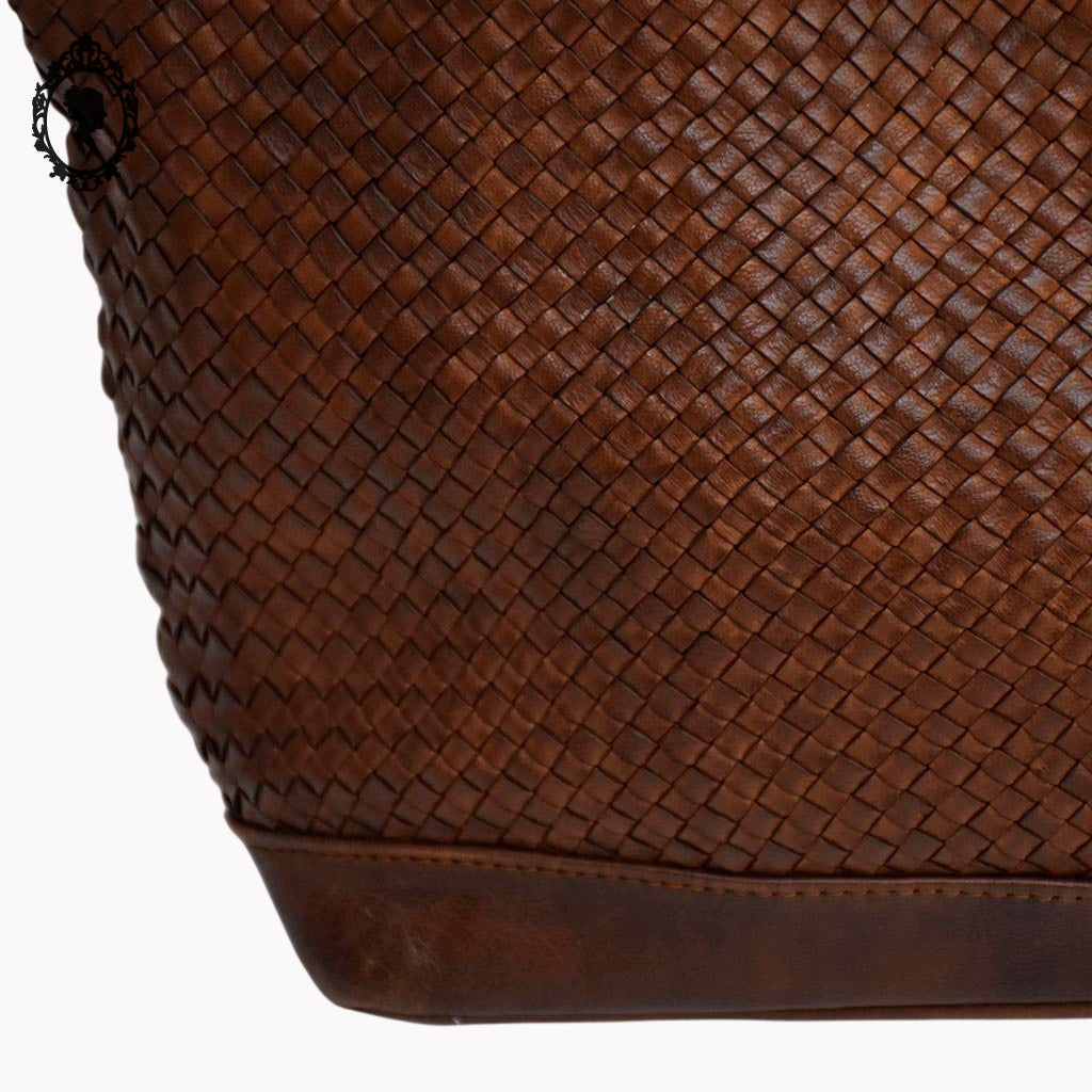 Sac cabas cuir cognac marron devant tressé vintage