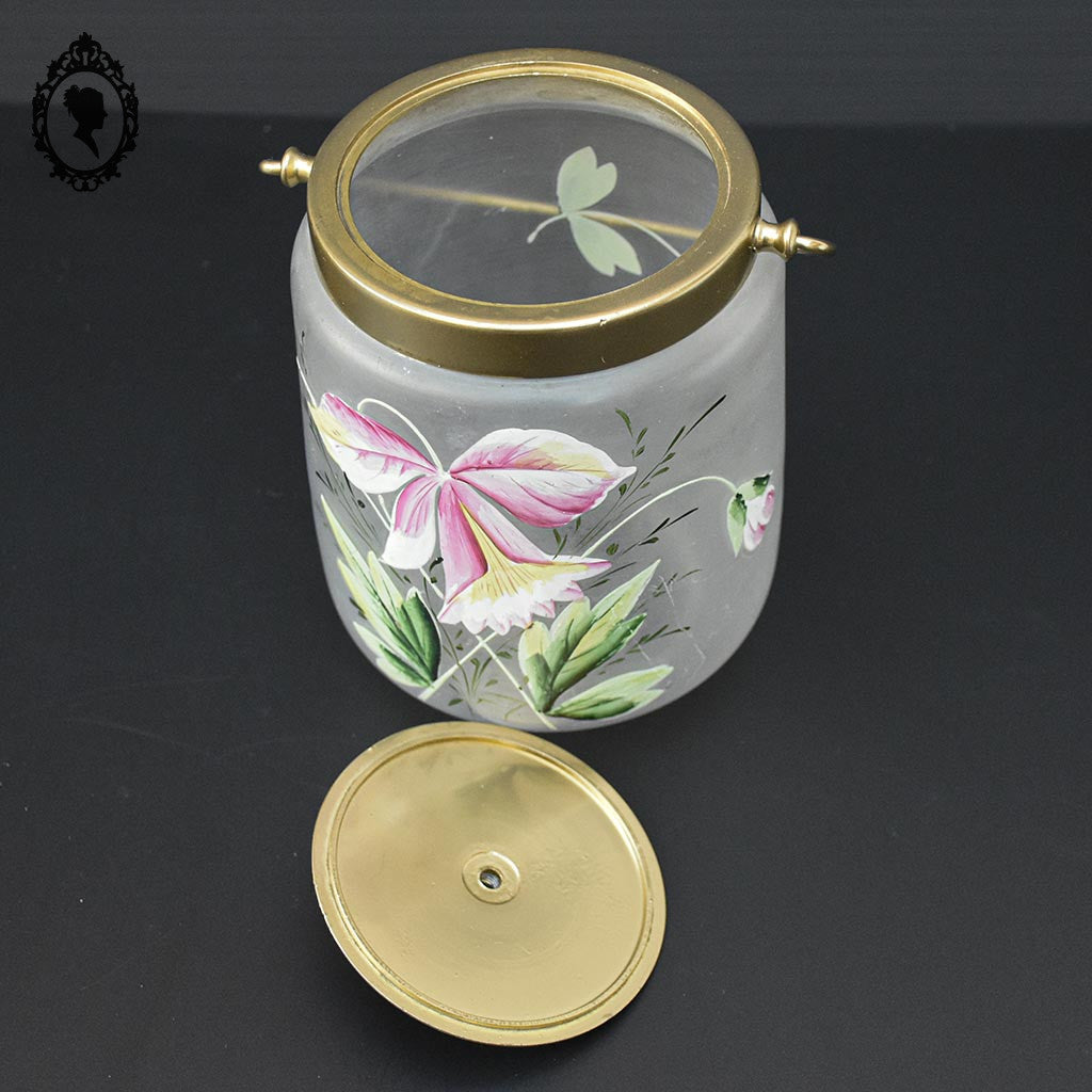 Sceau pot à biscuits verre mat fleur émaillée rose jaune vert ancien art nouveau
