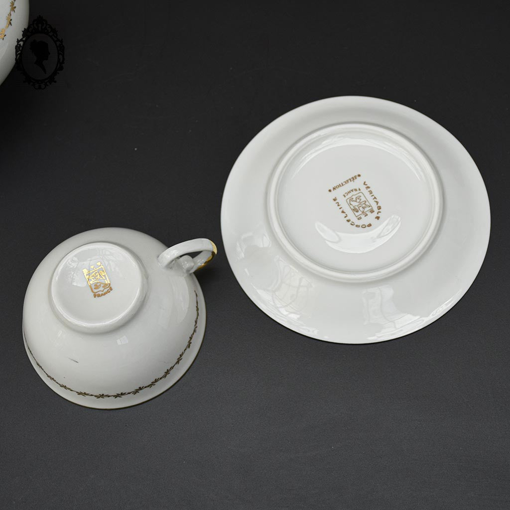 Service 12 tasses à café ou thé pot théière sucrier porcelaine S.E.R. Sélection France blanc doré