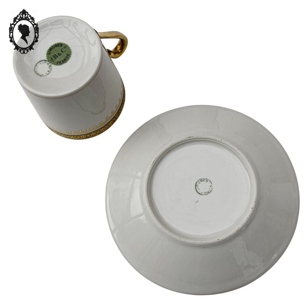Service 12 tasses à café porcelaine blanc et doré Limoges JB et Cie France