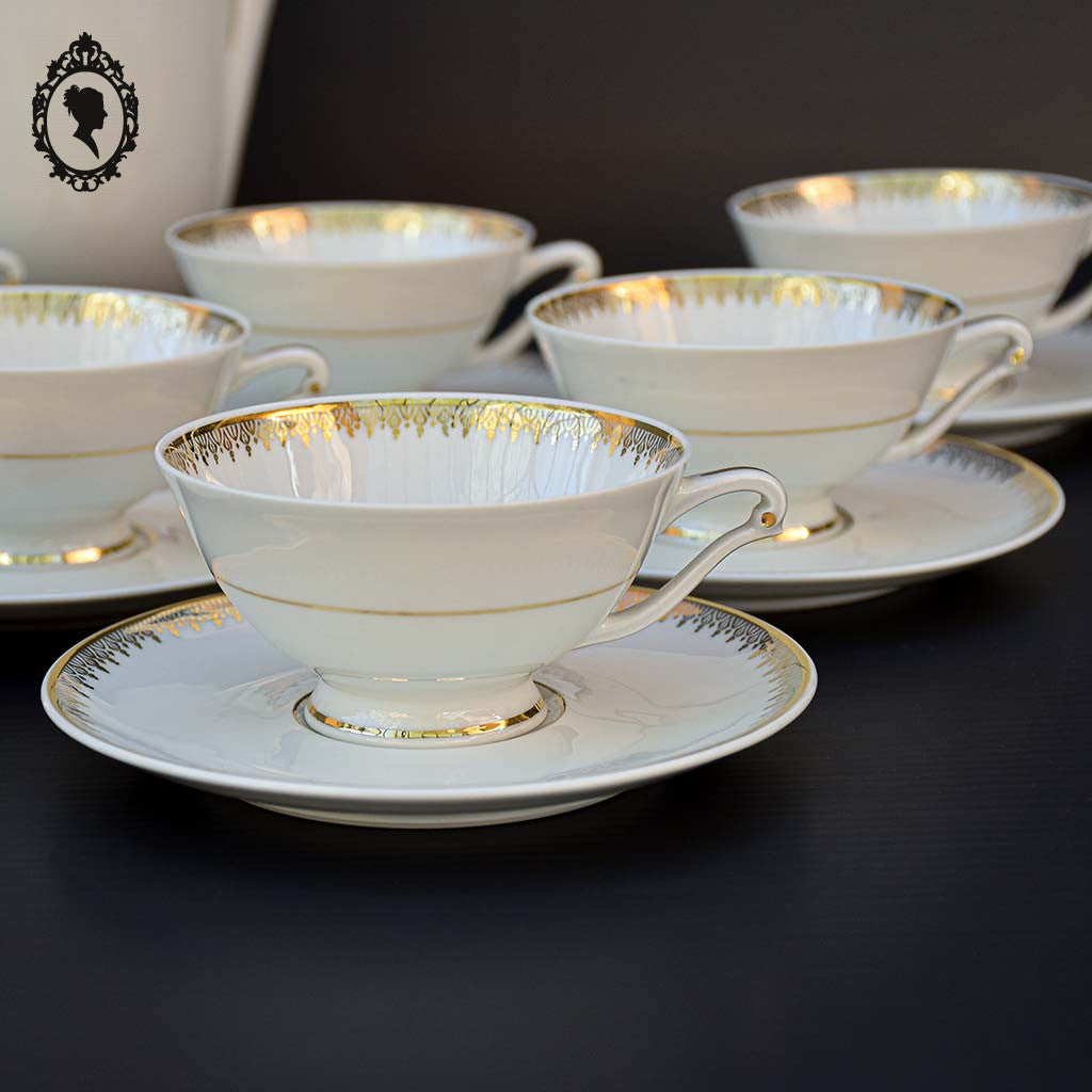Service 12 tasses à café pots cafetière sucrier porcelaine fine UC Limoges blanc doré