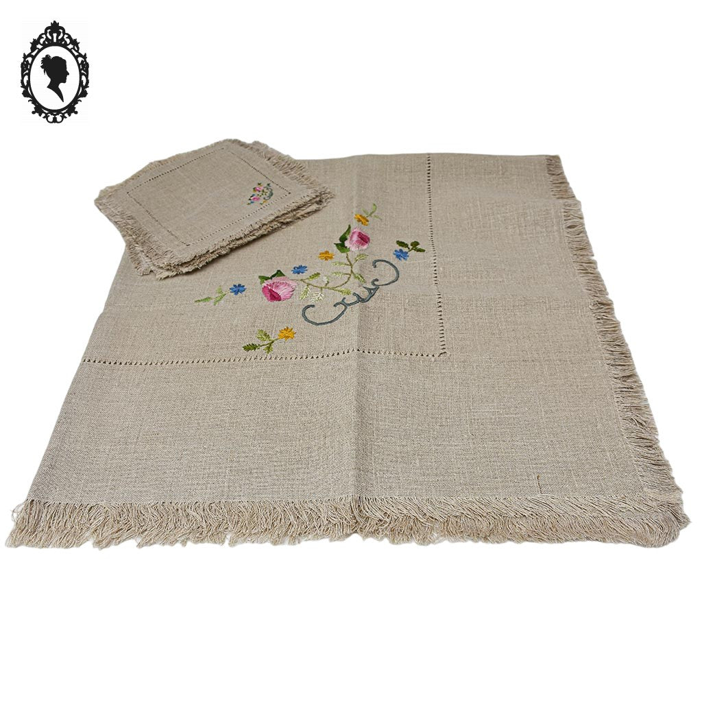 Service nappe et 10 serviettes à thé café lin broderie bucolique fleurie vintage