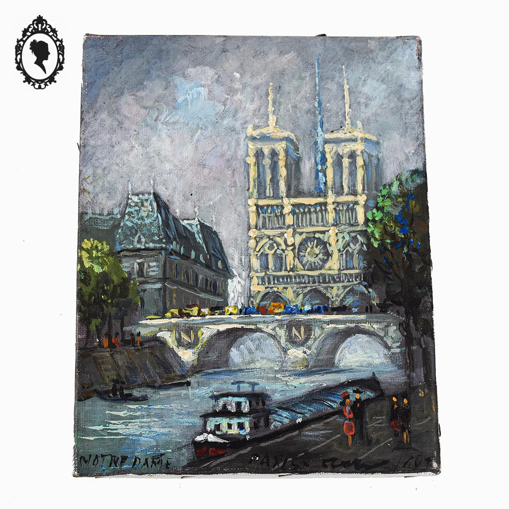 Tableau peinture à l’huile Notre Dame de Paris souvenir Montmartre 1983 18 x 14 cm