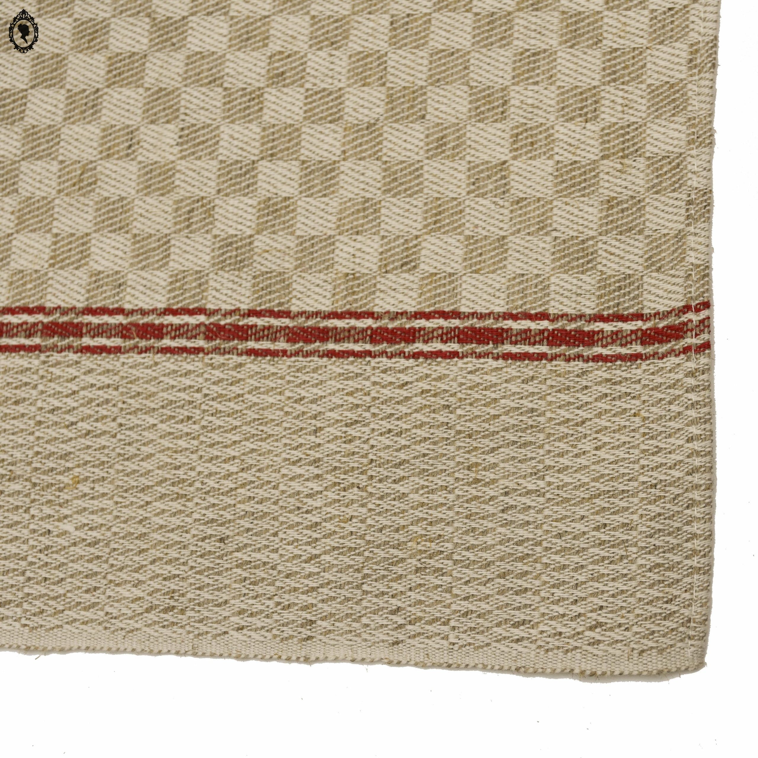 Torchon tramé pur fil de lin beige à liteau rouge ancien et Neuf