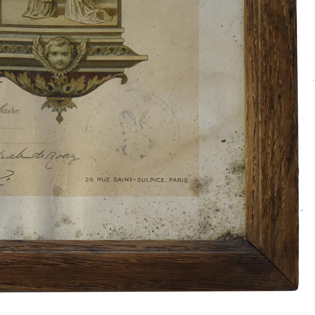 Cadre en bois avec un Souvenir certificat religieux de communion solennelle 1922 — Bouasse-Lebel