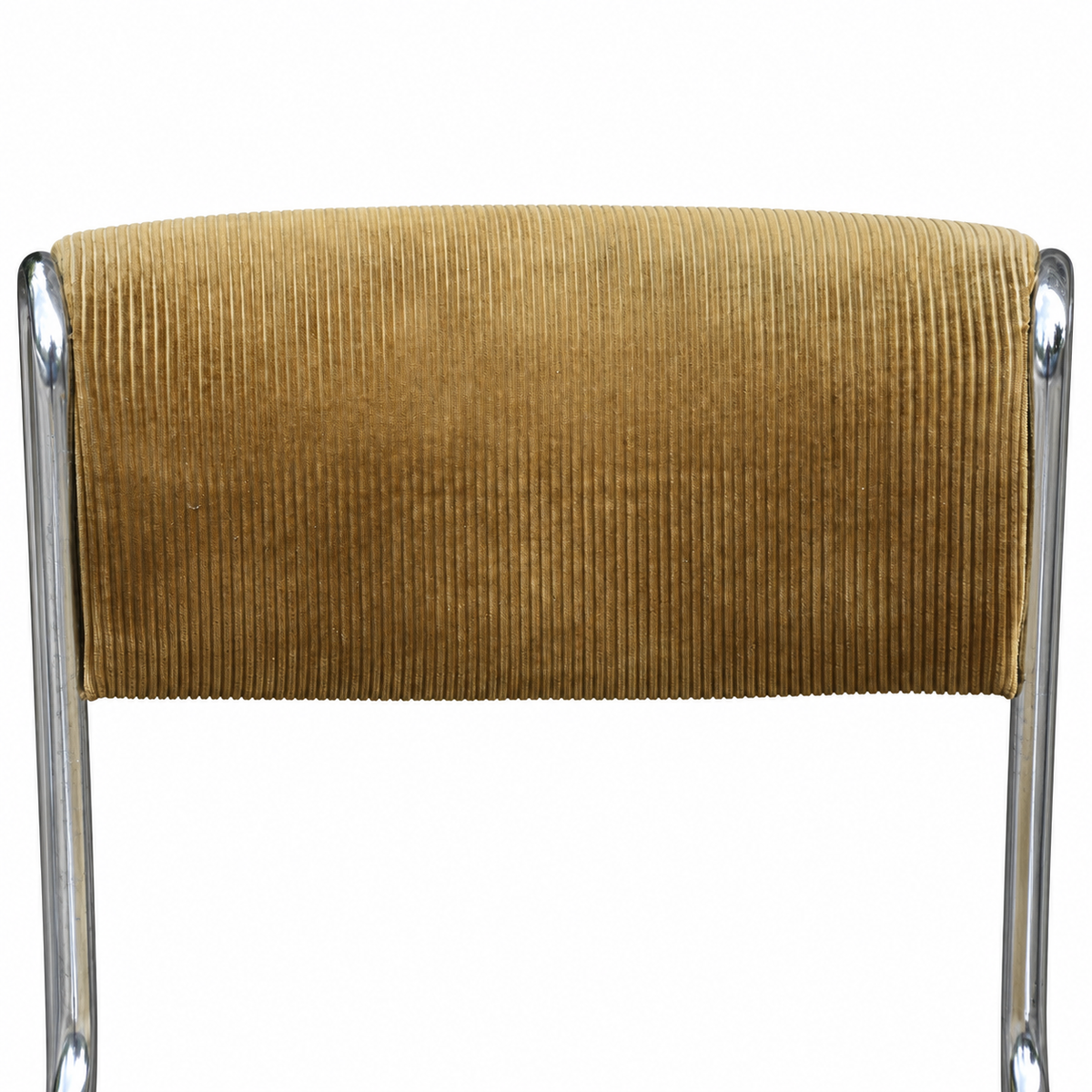 Paire de chaises traîneaux en velours côtelé ocre et métal tubulaire chromé vintage 1970