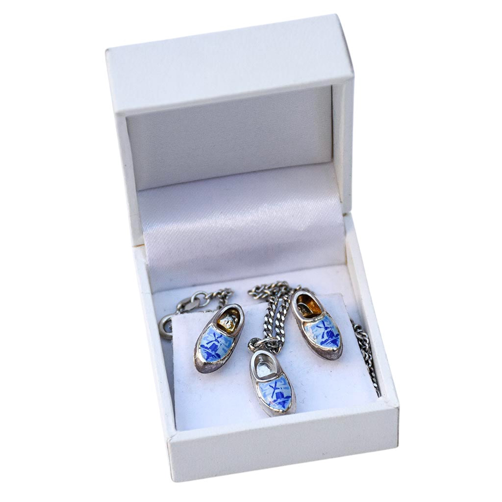Parure en argent sabots bleu et blanc style Delft hollandais – Collier pendentif chaîne et boucles d’oreilles