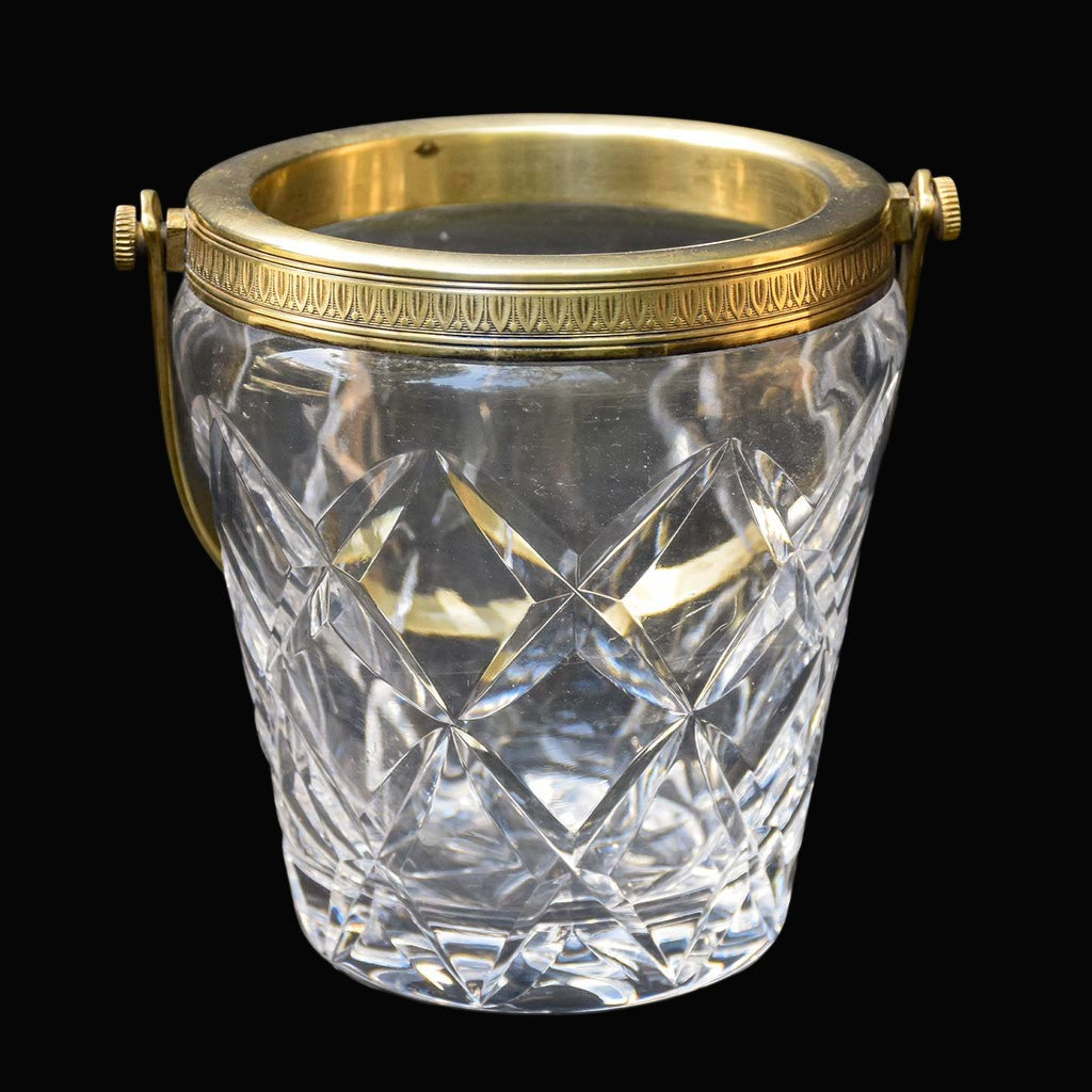 Petit seau à glaçons vintage en cristal ciselé et laiton doré avec anse