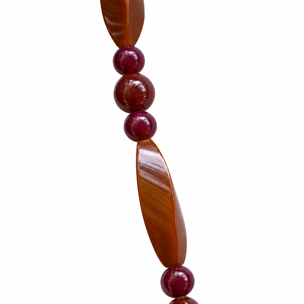 Sautoir perles en bakélite bordeaux et caramel – Art déco, 79,5 cm ancien vintage