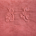 Service de table ancien damassé terracotta – Nappe et 10 serviettes monogrammes BG coton et lin