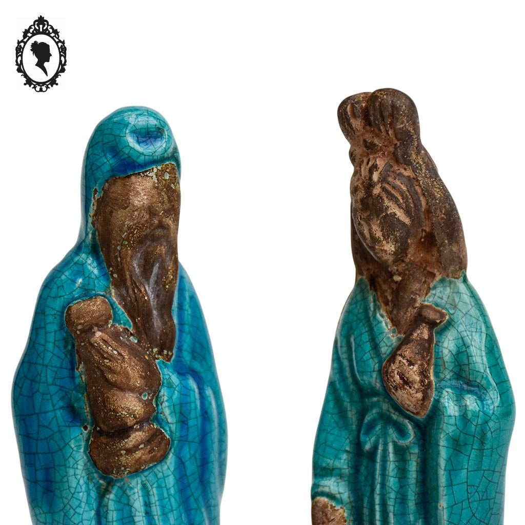 Paire de statues asiatiques Vietnam d’un couple en grès vernissé bleue milieu XX