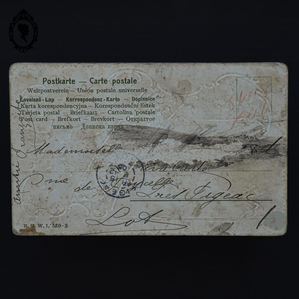 Cadre doré « Porte Bonheur » carte postale entre 2 verres Art Nouveau