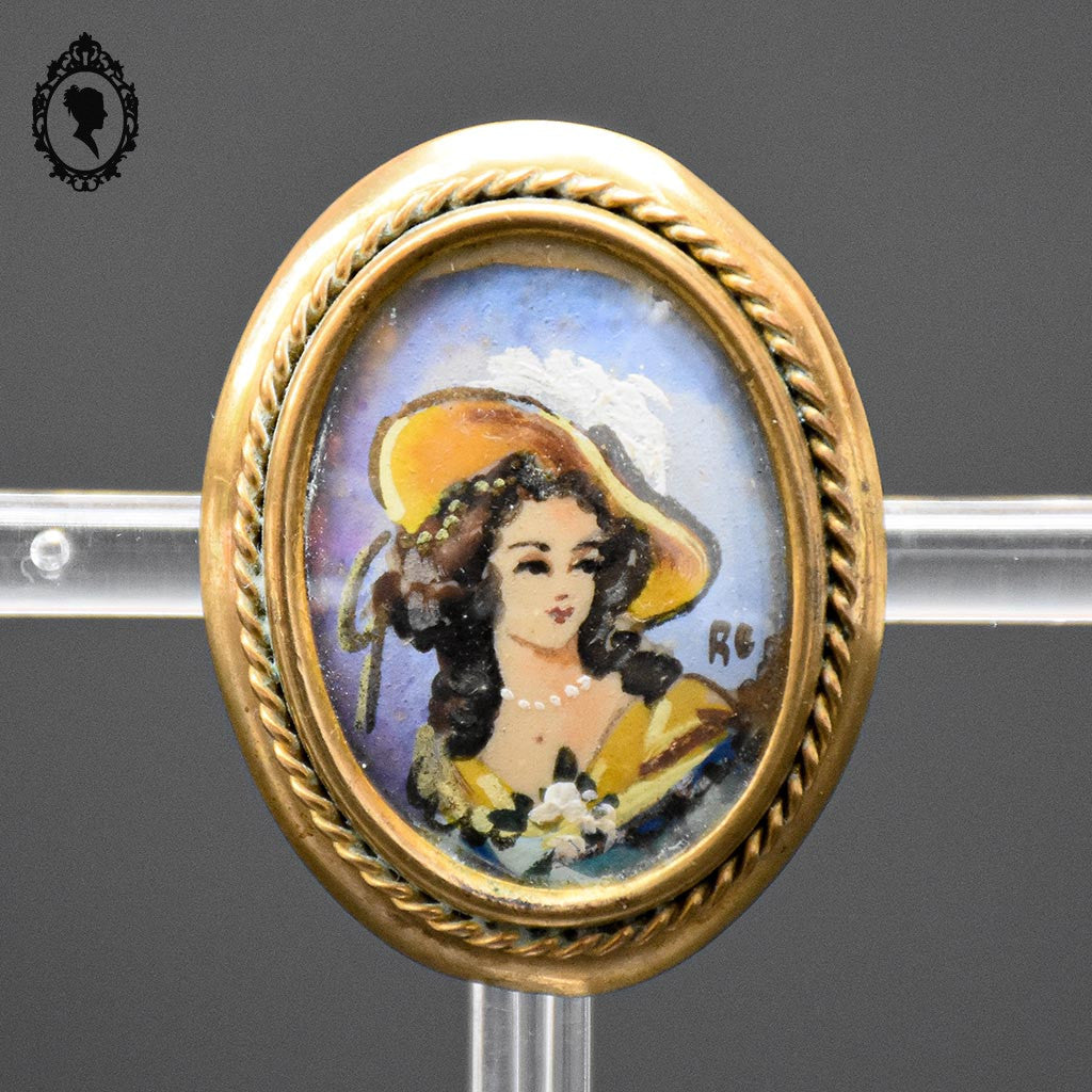 Chic broche peinture ovale portrait signée RC et laiton doré bijoux ancien vintage